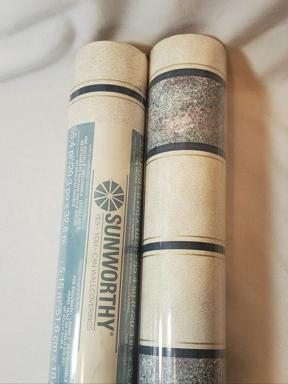 Sunworthy Vtg Striped Vinyl Wallpaper Double Roll 55.4 Sq Ft Ea, Lot Of 2 Rolls